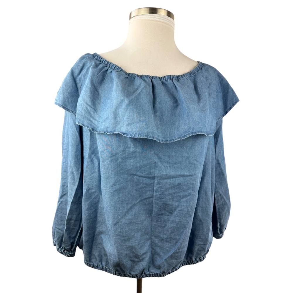 MICHAEL Michael Kors Off The Shoulder Blue Chambray Ruffle Top Plus Size 2X - Picture 2 of 12